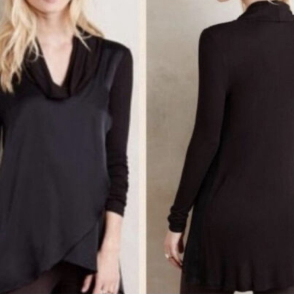 Anthropologie Deletta Black Cowl Neck Drape Front Tunic Top.